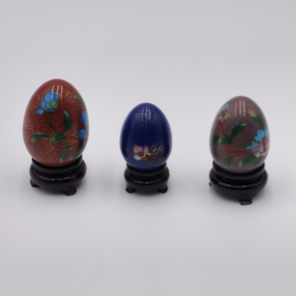 Vintage Chinese Cloisonne Satsuma Egg Figurines 3 Intricate Floral Wooden Stands - Picture 2 of 10